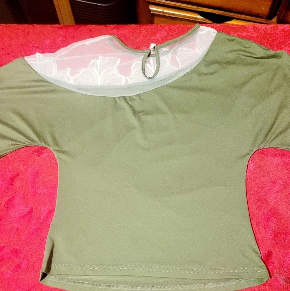 Olive Green Women's Top with Lace Appliqué - Picture 9 of 11